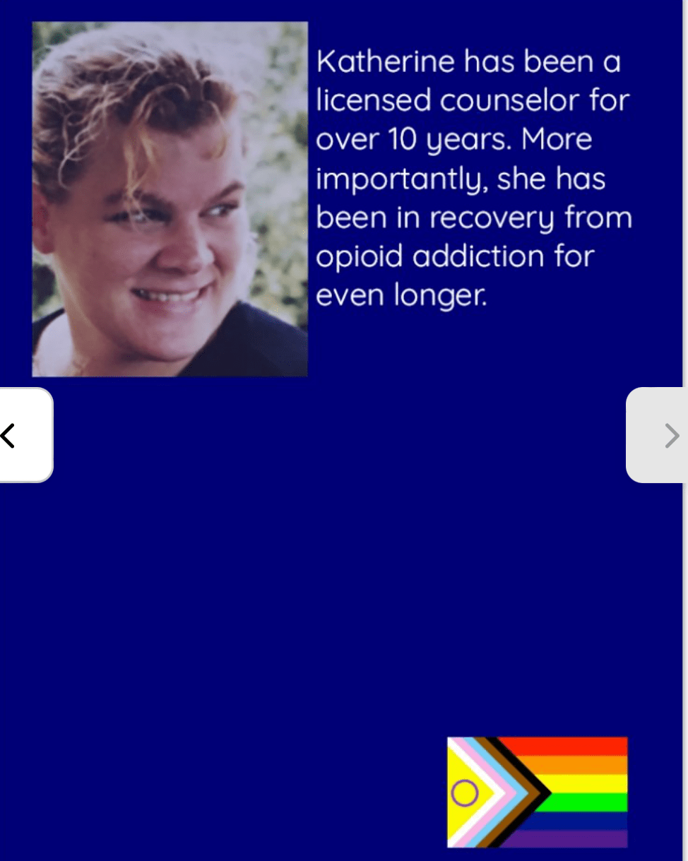 Katherine, a licensed counselor with over 10 years of experience, shares her journey of recovery from opioid addiction, symbolizing hope.